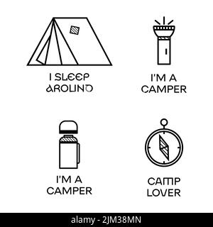 Camping logo Icon Design en ligne minimaliste style Art avec devis - Je dorme autour. Emblem linéaire de voyage. Étiquette Silhouette de randonnée. Badges vectoriels Illustration de Vecteur