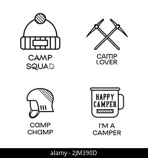 Camping logo Icon Design en ligne minimaliste style Art avec devis - IM un campeur. Emblem linéaire de voyage. Étiquette Silhouette de randonnée. Ensemble de badges vectoriels Illustration de Vecteur