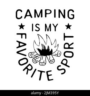 Camping T shirt Design en ligne minimaliste style Art avec citation - Camp est mon sport préféré. Emblem linéaire de voyage. Étiquette Silhouette de randonnée. Stock Illustration de Vecteur