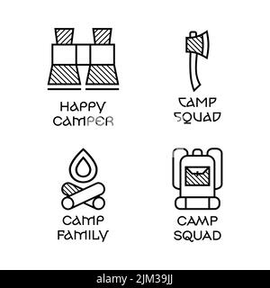 Camping logo Icon Design en ligne minimaliste style Art avec Quote Camp Squad. Emblem linéaire de voyage. Étiquette Silhouette de randonnée. Ensemble de badges vectoriels Illustration de Vecteur