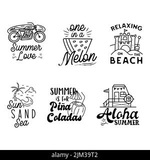 Badges d'été avec différentes citations et paroles - Summer Love. Logos de plage rétro. Des emblèmes et des étiquettes de surf vintage. Graphiques vectoriels Illustration de Vecteur