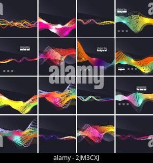 Ensemble de vagues et de lignes futuristes colorées sur des arrière-plans sombres. Style fumé avec effets lumineux Illustration de Vecteur
