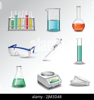 Équipement en verre de laboratoire icônes décoratives réalistes avec béchers de flacons et illustration du vecteur isolé de la pipette Illustration de Vecteur