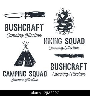 Vintage Camping Silhouette badges avec guillemets Camping Squad. Emblèmes monochromes de voyage. Ensemble de logos pour la randonnée. Graphiques vectoriels Illustration de Vecteur