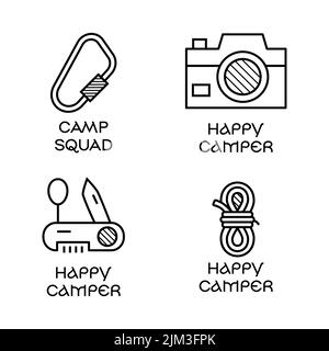 Camping logo Icon Design en ligne minimaliste style Art avec citation - Camp Squad et Happy Camper . Emblem linéaire de voyage. Étiquette Silhouette de randonnée. Stock Illustration de Vecteur