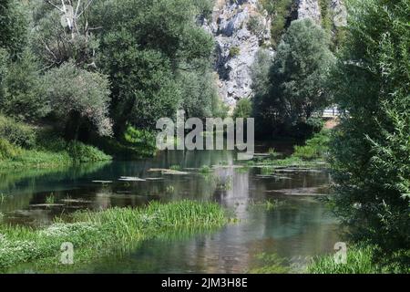 Faibles niveaux d'eau de la rivière Krka en raison de la sécheresse et de longues périodes sans pluie à Knin, en Croatie, le 4th août 2022. Photo: Hrvoje Jelavic/PIXSELL Banque D'Images