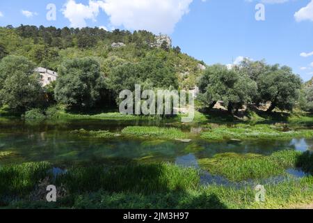 Faibles niveaux d'eau de la rivière Krka en raison de la sécheresse et de longues périodes sans pluie à Knin, en Croatie, le 4th août 2022. Photo: Hrvoje Jelavic/PIXSELL Banque D'Images