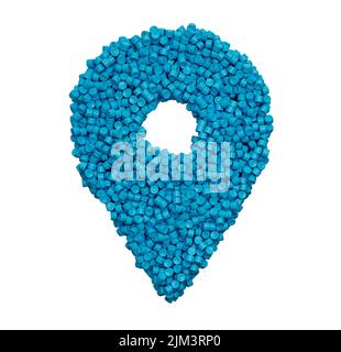 Un rendu 3D d'une icône d'emplacement faite de pièces en polymère de plastique bleu isolées sur fond blanc Banque D'Images