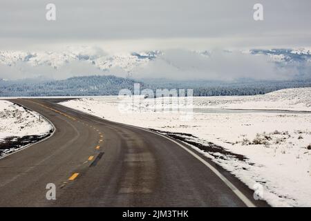 Une belle vue de la route sur un matin brumeux et neigeux dans Hayden Valley. Yellowstone National Park, Wyoming, États-Unis Banque D'Images