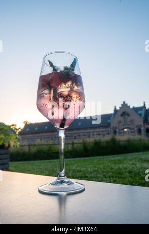 Cocktail rose, cocktail de mocktail ou autre boisson alcoolisée sur la table près des bâtiments historiques du parc et nuage de coucher de soleil dans un cadre rural. Photo de haute qualité Banque D'Images