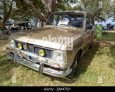 Ancienne voiture de station Renault 6 1973. Voiture économique classique à la campagne. Nature herbe, arbres et ciel en arrière-plan Banque D'Images