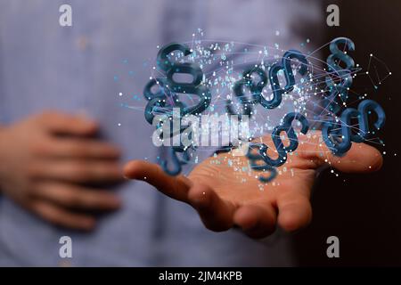 Main d'une personne avec des icônes de paragraphe illustratives flottant au-dessus d'une main. Concept de communication. Banque D'Images