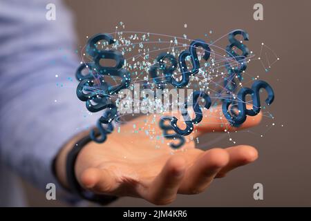 Main d'une personne avec des icônes de paragraphe illustratives flottant au-dessus d'une main. Concept de communication. Banque D'Images