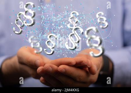 Main d'une personne avec des icônes de paragraphe illustratives flottant au-dessus des mains. Concept de communication. Banque D'Images