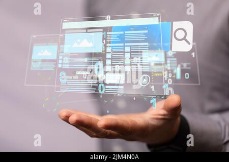 Une application Web d'interface 3D rendue sur une main Banque D'Images