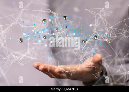 A toucher un réseau abstrait avec des lignes et des points, organisation, réseau et concept d'équipe Banque D'Images