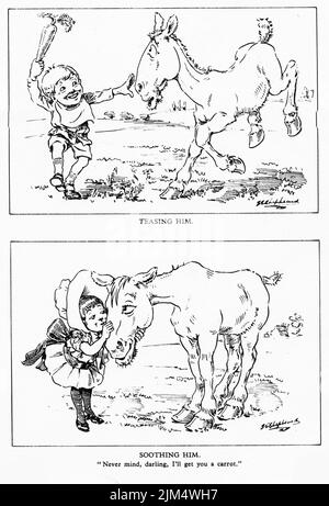 Illustration de style caricature de deux enfants traitant un cheval de manière peu cruelle et puis gentiment Banque D'Images