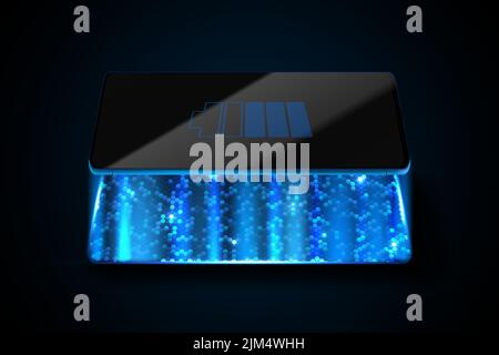 Concept de charge sans fil pour smartphone sur fond sombre. Icône de niveau de batterie de préchauffage. Le bleu brillent des étincelles de style de puissance. Illustration de Vecteur