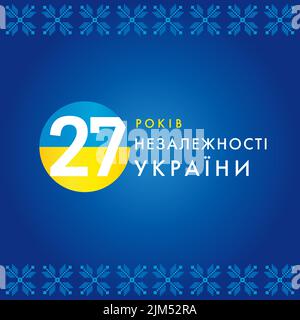 numéro anniversaire 27th, cadre de motif natif. 3D boutons avec couleurs de drapeau ukrainien et texte Happy Independence Day. Emblème vectoriel. Créatif 27 ans Illustration de Vecteur