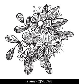 Zen Doodle anti-stress coloriage page fleurs. Page de coloriage pour adultes et enfants. Illustration vectorielle dessinée à la main du bouquet. Zen enchevêtrement floral Illustration de Vecteur