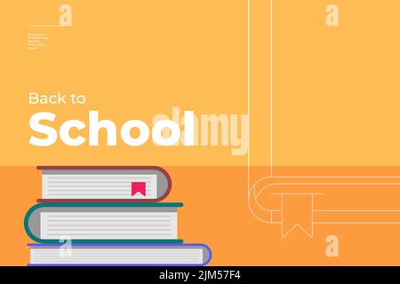 Retour à l'école affiche horizontale tendance minimale avec livre et texte. Saison éducation publicité fond orange couleur créatif flyer design. Bannière eps vectorielle simple et plate Illustration de Vecteur