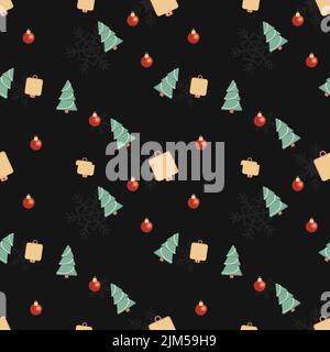 Un vecteur des icônes de mini-arbres de Noël, des boules de Noël rouges et des cloches carrées jaunes isolées sur fond noir avec des flocons de neige blancs décolorés Illustration de Vecteur