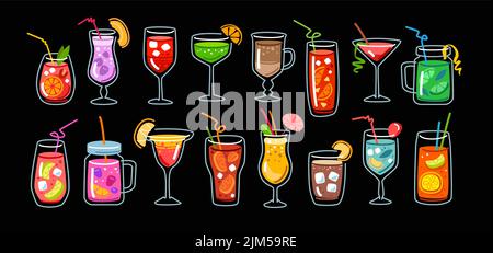 Collection de cocktails, boissons fraîches d'été. Smoothies aux fruits, milk-shakes, jus, limonade icônes colorées ensemble. Dessin animé plat Illustration de Vecteur