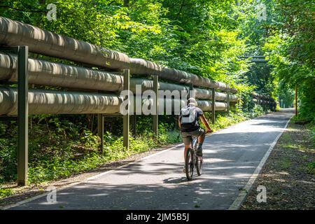 Vélo dans la région de Ruhr, Lothringentrasse, au nord de Bochum, Bochum-Grumme, ancienne ligne de chemin de fer, en grande partie le long des pipelines de chauffage de district, conn Banque D'Images