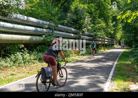 Vélo dans la région de Ruhr, Lothringentrasse, au nord de Bochum, Bochum-Grumme, ancienne ligne de chemin de fer, en grande partie le long des pipelines de chauffage de district, conn Banque D'Images