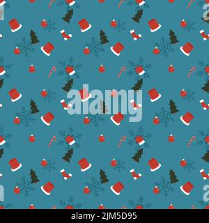 Un motif vectoriel de mini arbres de Noël et de chaussettes, chapeaux, gants et bonbons rouges de Noël isolés sur un fond turquoise avec des flocons de neige bleus Illustration de Vecteur