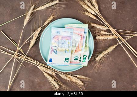 Assiette avec des billets de blé et d'euros, pénurie alimentaire et augmentation des prix, pauvreté par l'inflation Banque D'Images