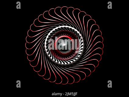 Modèle de gradient fractal abstrait rouge et blanc avec un cercle ondulé et un cône de rayons blancs du centre sur fond noir Banque D'Images