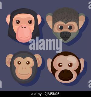 quatre têtes d'animaux de singe Illustration de Vecteur