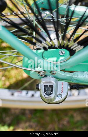 Vue verticale du dessus des engrenages de la marque « Nexus » sur une roue de vélo verte Banque D'Images