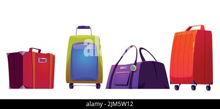 Valises, bagages de voyage, bagages et sacs. Divers accessoires modernes ou vintage pour les touristes, les vacances et les vacances, sac à main ou porte-documents pour femmes, illustration vectorielle isolée de dessin animé, ensemble d'icônes Illustration de Vecteur