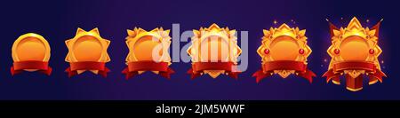 Cadres d'avatar de jeu Golden, badges de récompense, icônes d'interface utilisateur de niveau. Bannières dorées vides avec rubans rouges. Éléments graphiques bonus isolés, récompense, réalisation de trophées et illustration vectorielle de prix, ensemble Illustration de Vecteur