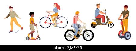 Les gens se transportent dans différents transports écologiques. Transport électrique personnel, style de vie urbain écologique. Illustration vectorielle à plat des hommes et des femmes qui conduisent à vélo, scooter, skateboard et planque Illustration de Vecteur