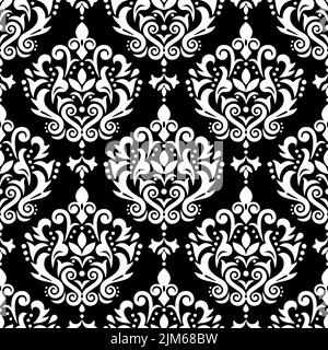 Motif vectoriel sans couture en Damas élégant, imprimé textile victorien ou tissu avec fleurs, tourbillons et feuilles en blanc sur noir Illustration de Vecteur