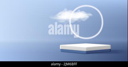 scène de présentation de produit avec socle carré et cercle néon avec nuage réaliste Illustration de Vecteur