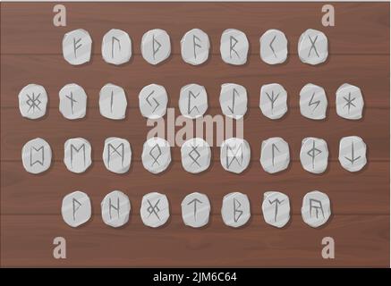 Jeu de runes de pierres vectorielles. Écrire des Allemands anciens et des Scandinaves. Symboles mystiques, ésotériques, occultes, magiques. Dire la fortune, prédire l'avenir Illustration de Vecteur