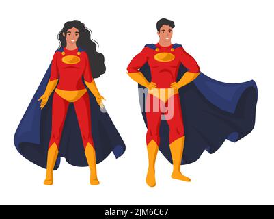 L'homme et la femme superhéros dans le masque et le cloak vecteur illustration. Superman et superwoman isolés sur fond blanc. Héroïne féminine et chariot de héros masculin Illustration de Vecteur