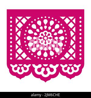 Dessin vectoriel Papel Picado avec fleurs, grille et forme géométrique de mandala, décoration mexicaine de guirlande de papier découpé Illustration de Vecteur