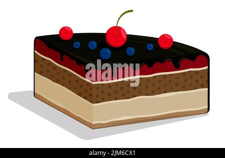 Morceau de gâteau au chocolat avec glaçage au chocolat noir. Tarte superposée décorée de cerises et de bleuets. Vecteur de dessin animé isolé sur fond blanc Illustration de Vecteur