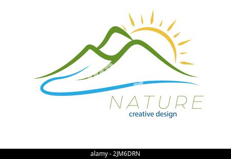 Coucher de soleil dans les montagnes. Le soleil se cache derrière l'horizon. Illustration vectorielle pour le logo du Resort, le voyage, la nature et les idées créatives. Style plat Illustration de Vecteur