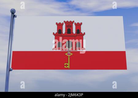 Une illustration en 3D du drapeau de Gibraltar avec un mât de drapeau chromé avec des crochets à pression dans un ciel bleu Banque D'Images