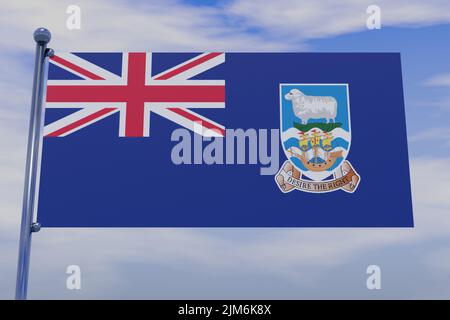 Illustration en 3D du drapeau des îles Falkland (Malvinas) avec un mât de drapeau chromé avec des crochets à pression dans un ciel bleu Banque D'Images