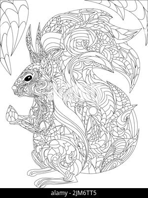 Page de livre de coloriage avec mignon Squirrel détaillé tenant Hazelnut. Feuille à être colord avec petit animal ayant l'écrou dans les mâchoires avec les feuilles tombant. Illustration de Vecteur