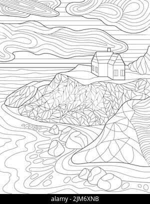 Page de coloriage avec détail House on Hill, Clouds, Rocks et Ocean. La feuille doit être colorée avec Home on Top of Cliff et voir ci-dessous. Bâtiment idyllique Illustration de Vecteur