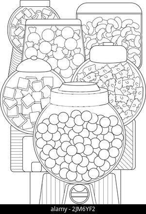 Page de coloriage avec bonbons Variuos dans différents jarres dans distributeur automatique. Feuille à colorer avec le distributeur de sucreries. Déserte Automat Full avec Mini Illustration de Vecteur