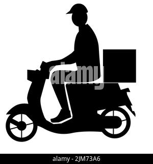 Icône du liveur sur fond blanc. Affiche du responsable de la livraison des aliments. Homme dans un motocycle faire une livraison. style plat. Banque D'Images